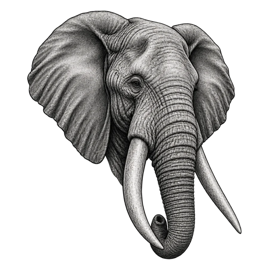 Black and grey realism tattoo design of a wrinkled elephant head with tusks