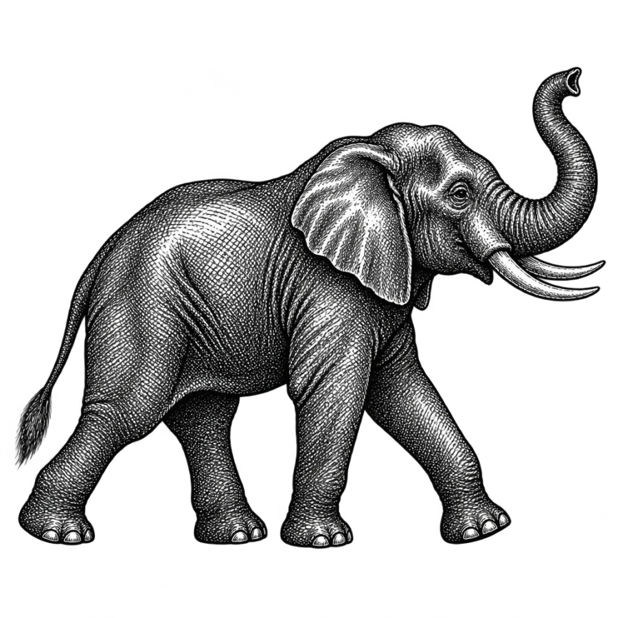 Engraving style tattoo design of an elephant striding with its trunk lifted