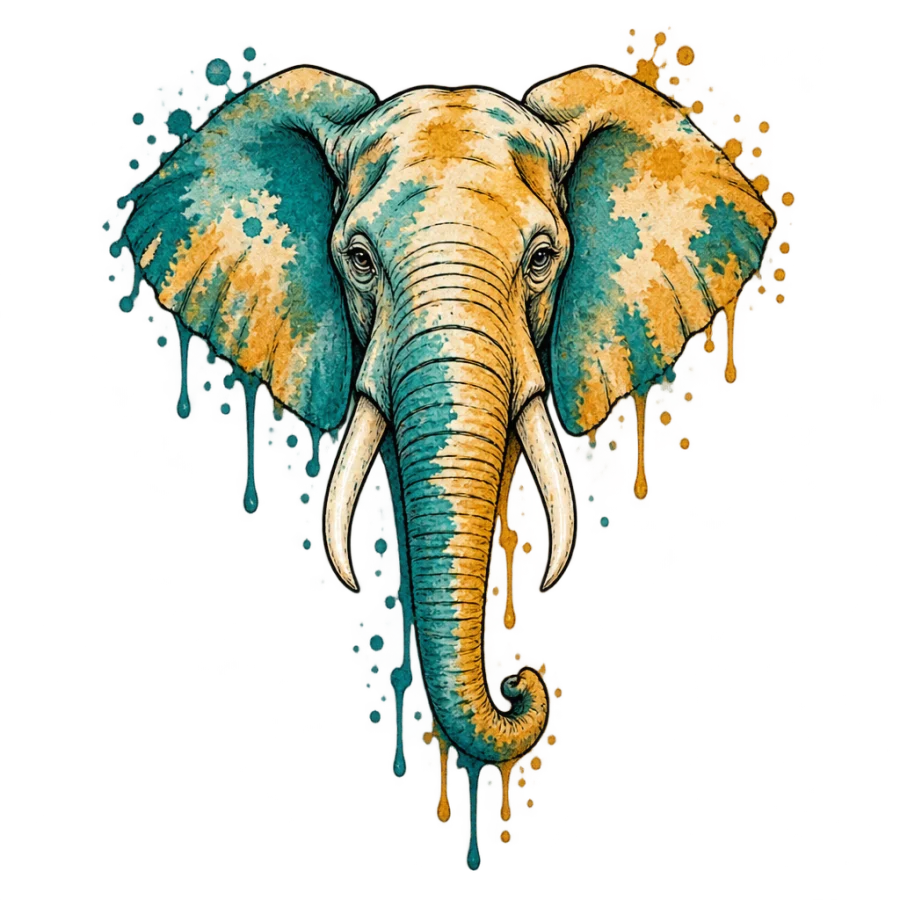 Watercolor tattoo design of an elephant head with teal and ochre washes