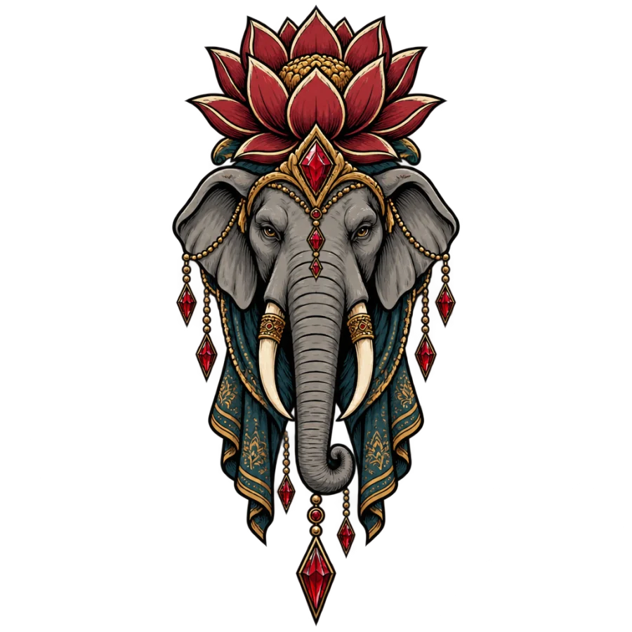 Neo traditional tattoo design of an elephant head under a lotus with gems