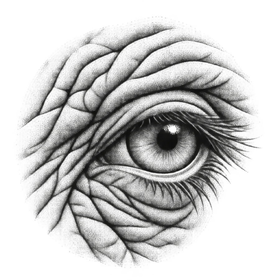 Dotwork close crop tattoo design of an elephant eye and wrinkled brow