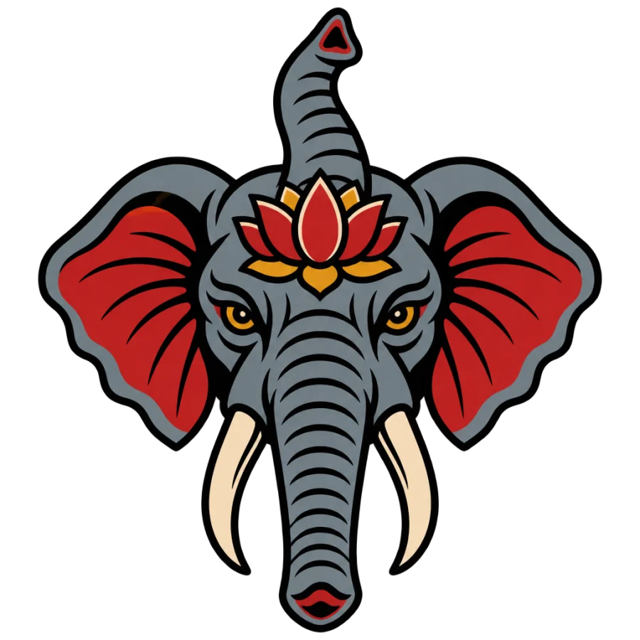 American traditional tattoo design of an elephant with raised trunk and lotus