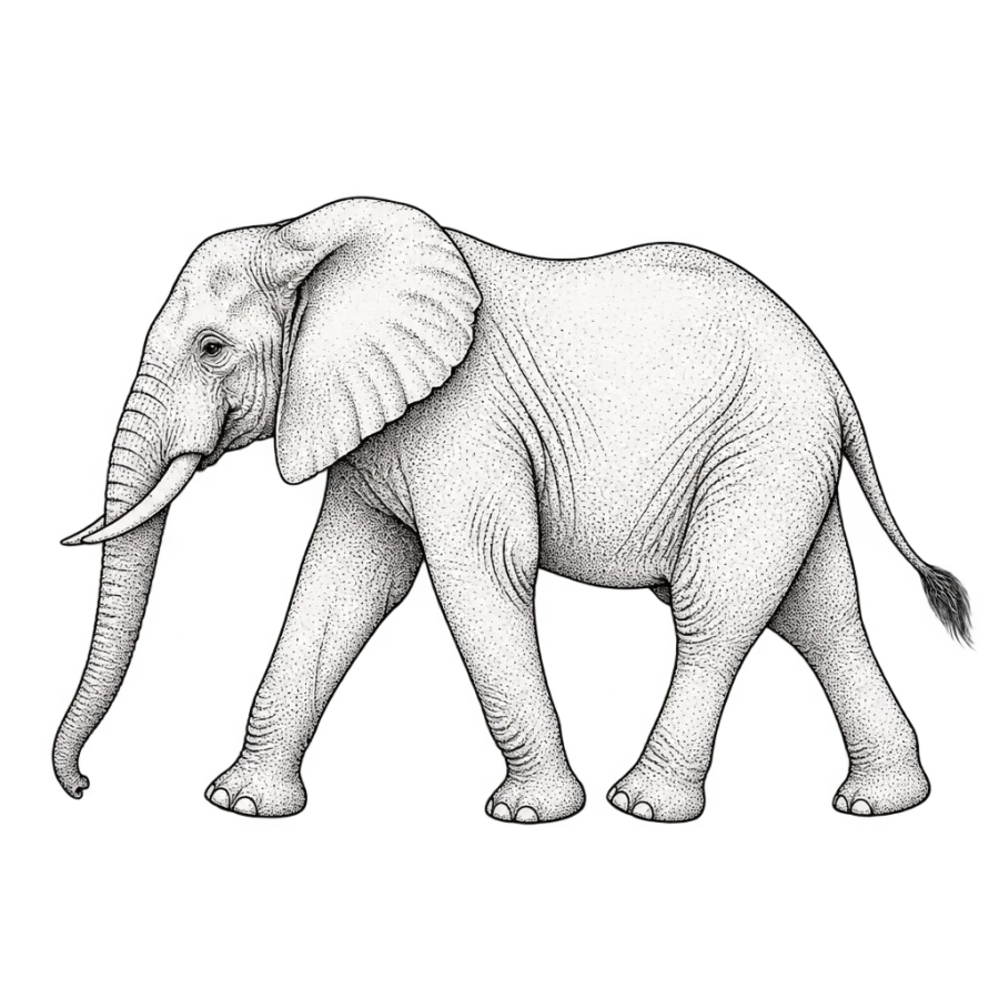 Fine line tattoo design of an elephant walking in profile with a low trunk
