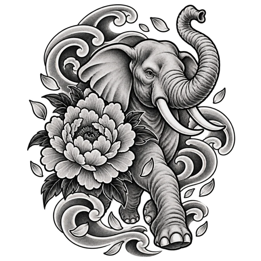 Japanese irezumi tattoo design of an elephant among peonies and wind bars