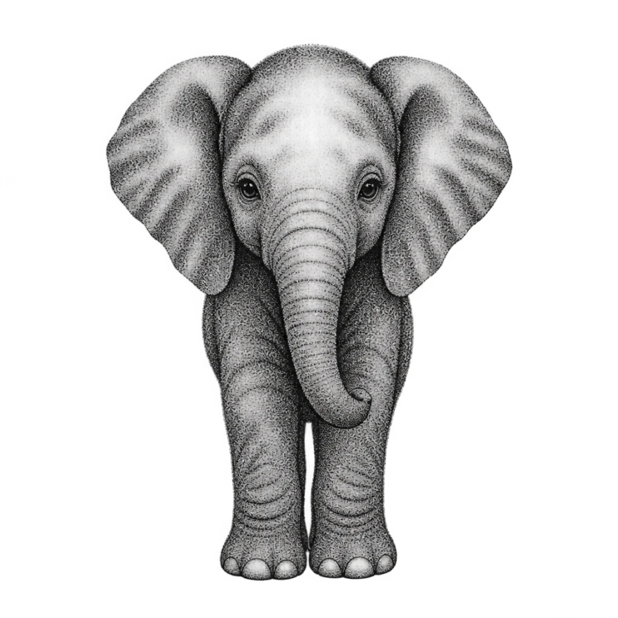 Dotwork stippled tattoo design of a young elephant calf standing at rest