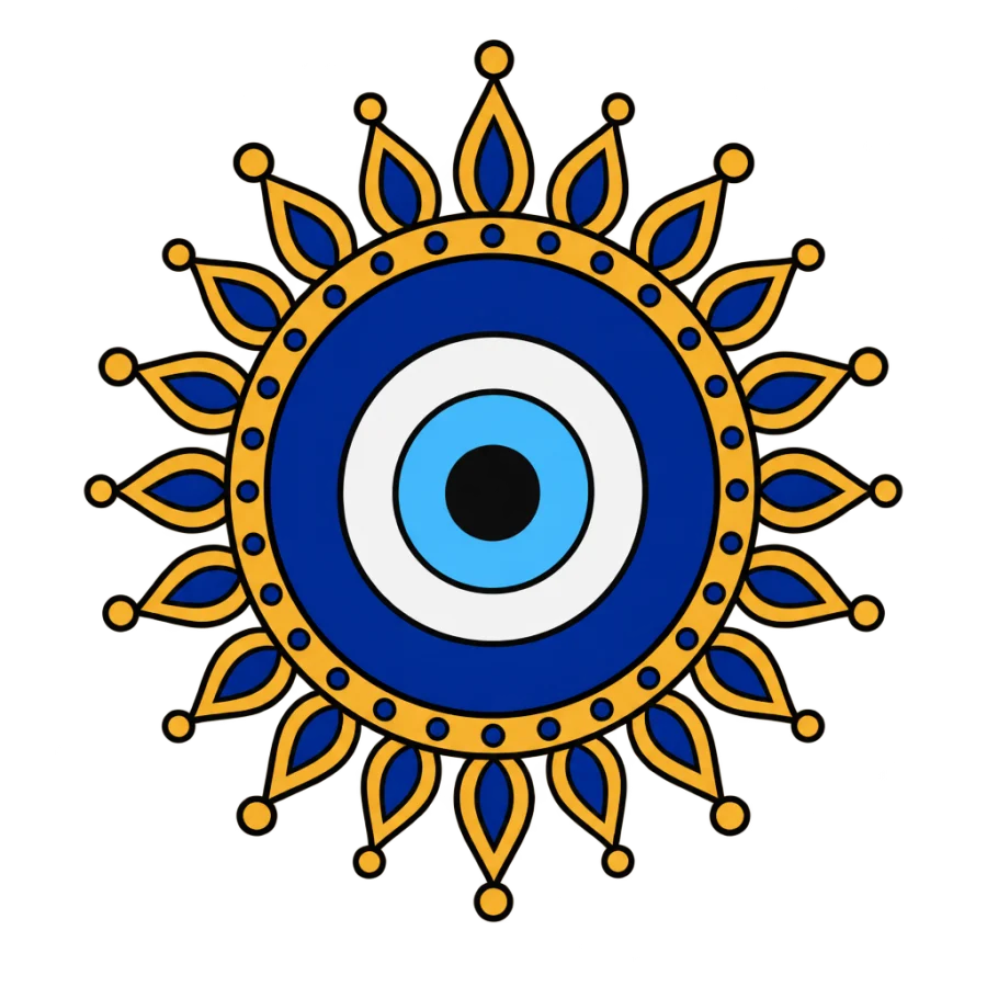 Neo traditional nazar evil eye tattoo with blue rings in ornamental medallion