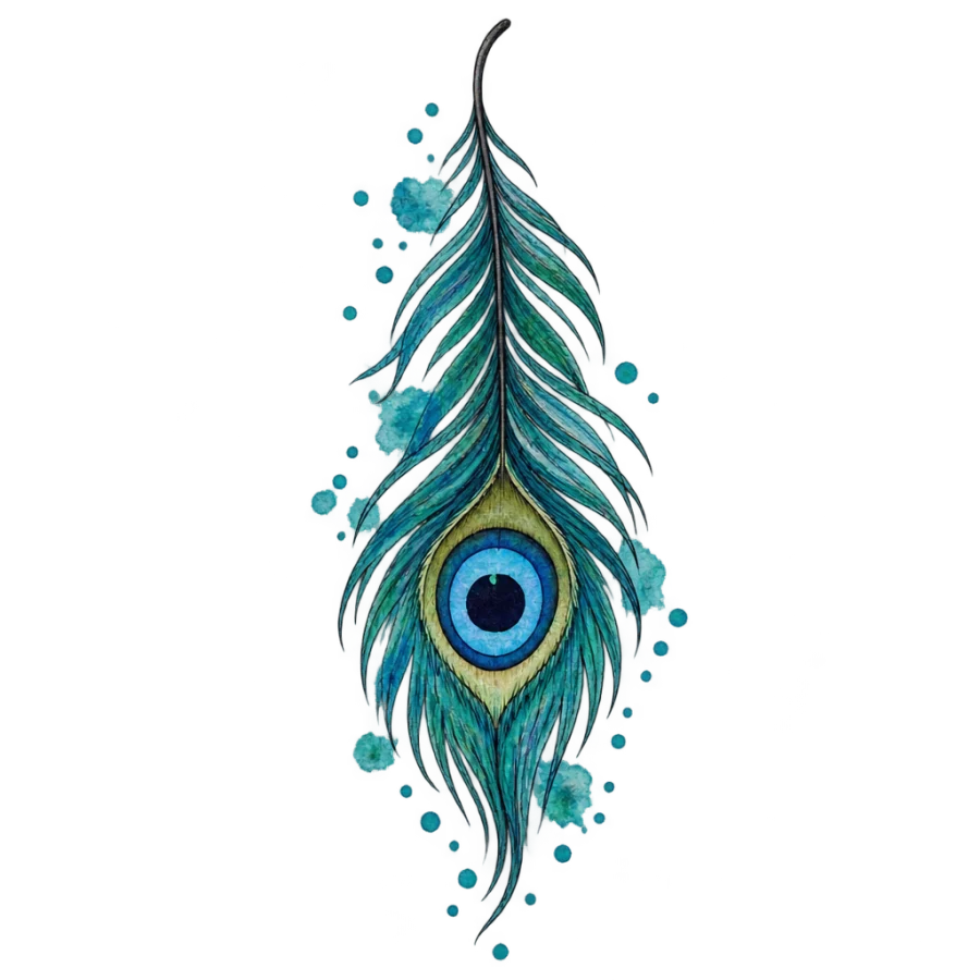 Watercolor peacock feather tattoo with an evil eye marking and teal washes