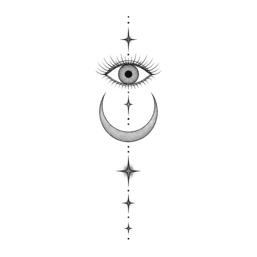 Fine line evil eye tattoo above a crescent moon with trailing stars