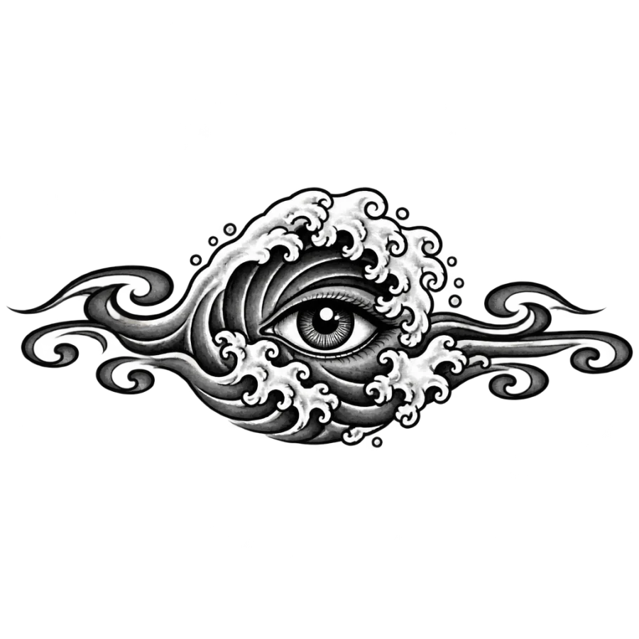 Japanese irezumi evil eye tattoo set inside a cresting ocean wave