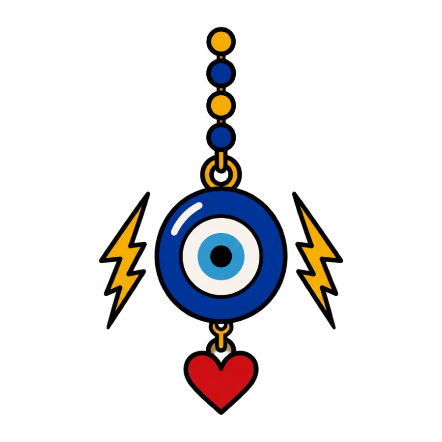 American traditional nazar bead tattoo with lightning bolts and small heart