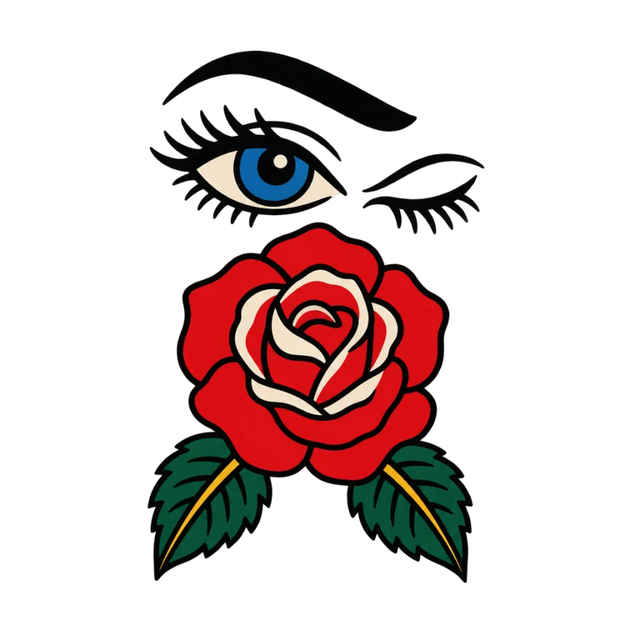 American traditional tattoo design of a winking eye above an open rose