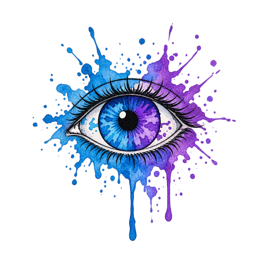 Watercolor tattoo design of an eye with blue and violet washes from the iris
