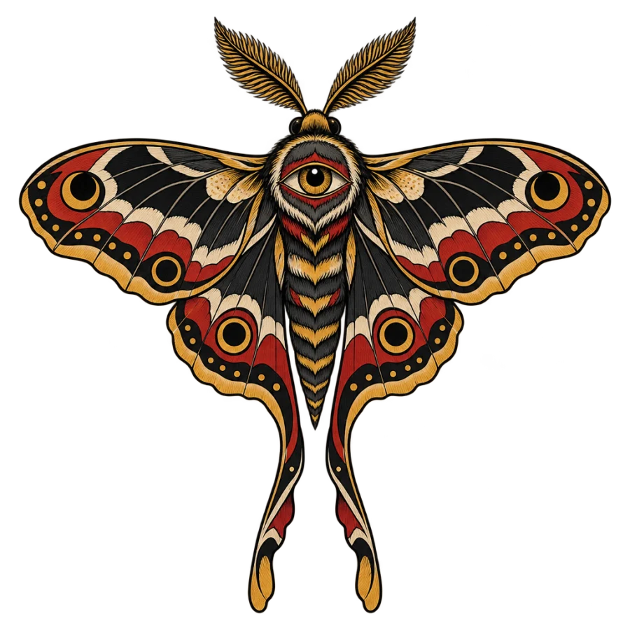 Neo traditional tattoo design of a moth with an eye set on its thorax