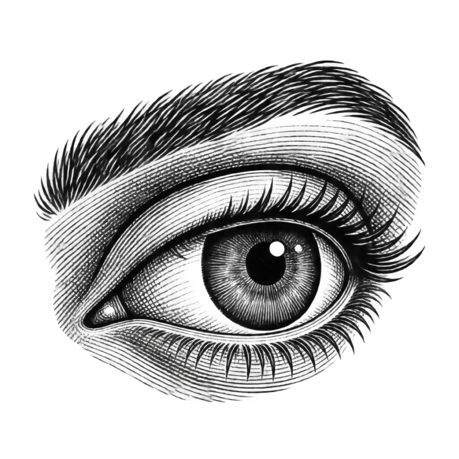 Engraved eye tattoo design in three quarter view with hatched shading