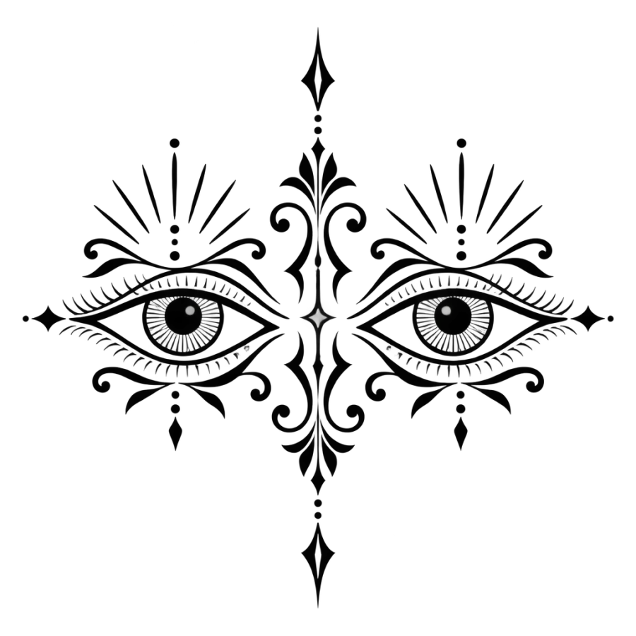 Symmetrical mirrored pair of eyes tattoo flanking an ornamental column