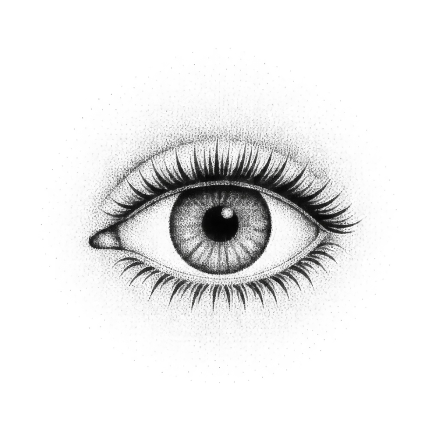 Dotwork eye tattoo design made entirely of stippled dots, no outlines