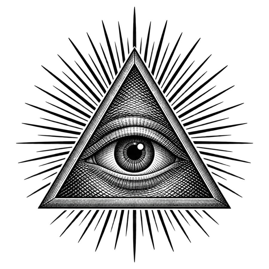 Engraving style tattoo design of an all seeing eye inside a rayed triangle