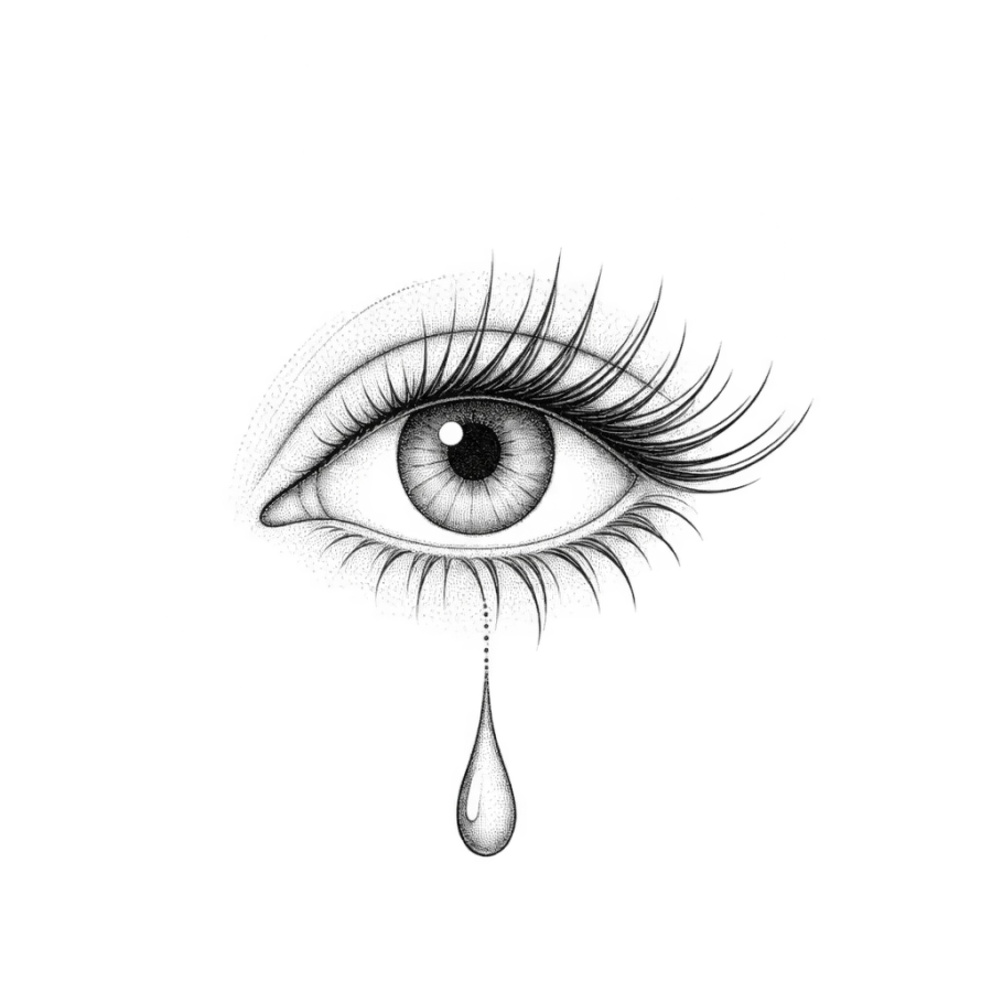 Fine line tattoo design of an eye with sweeping lashes and a falling teardrop