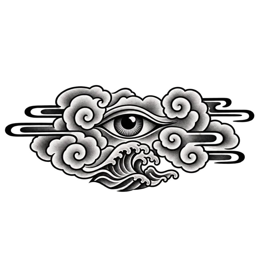 Japanese irezumi tattoo design of an eye framed by clouds and wind bars