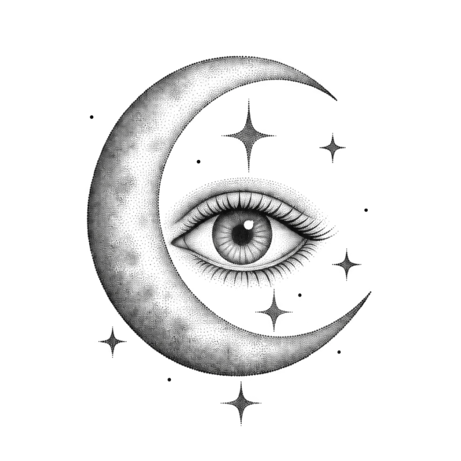 Dotwork stippled tattoo design of an eye inside a crescent moon with stars