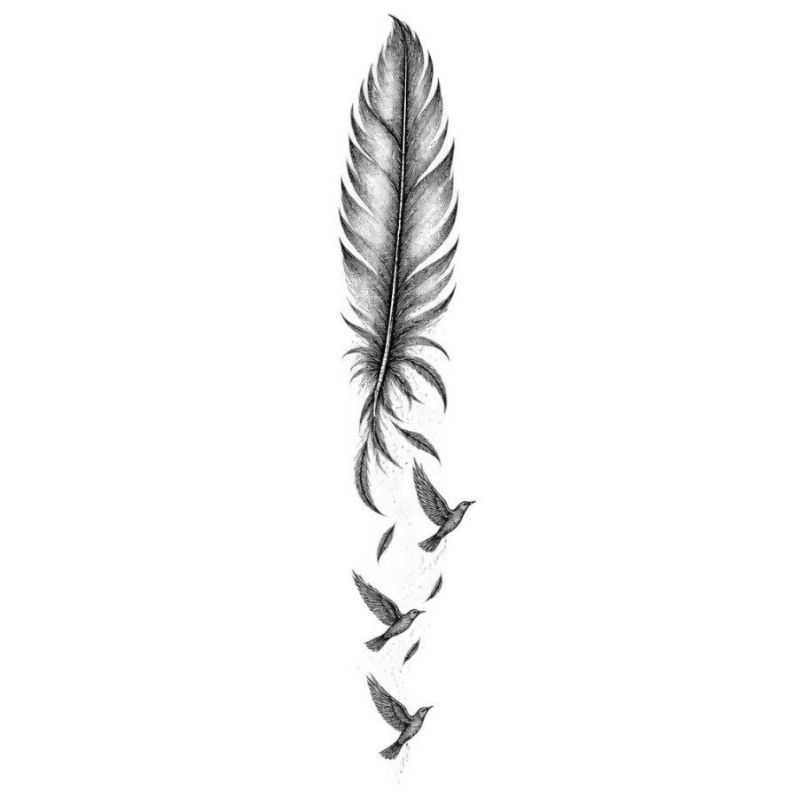 Fine line tattoo of a feather breaking into three flying birds
