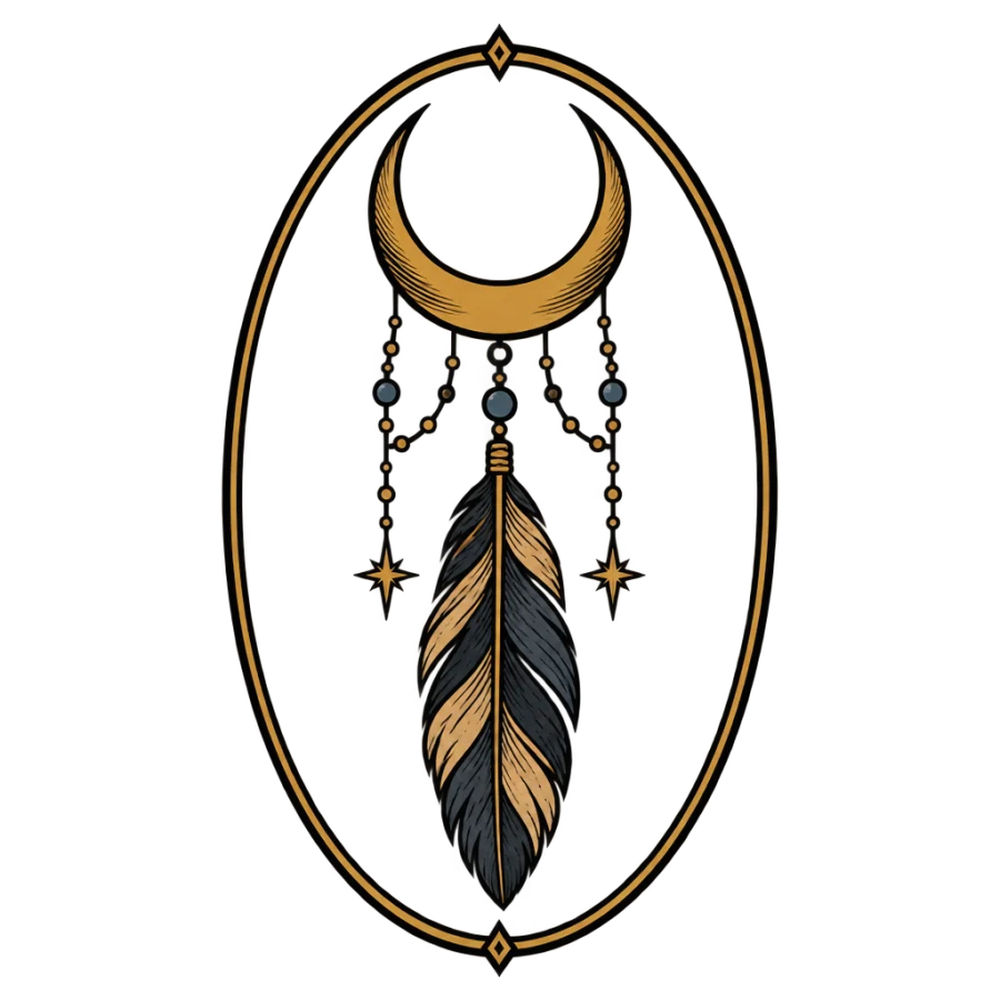 Neo traditional tattoo of a feather under a crescent moon with beads