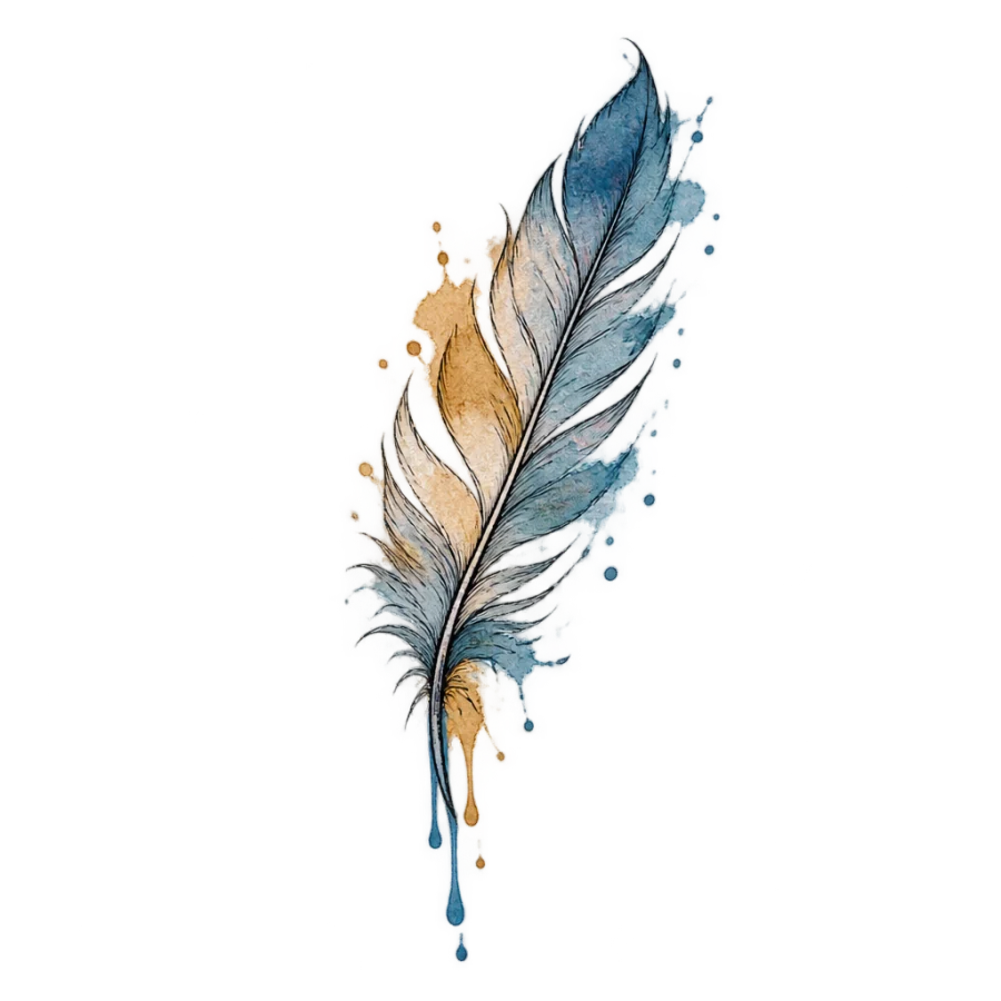 Watercolor tattoo of a drifting feather with loose bleeding washes