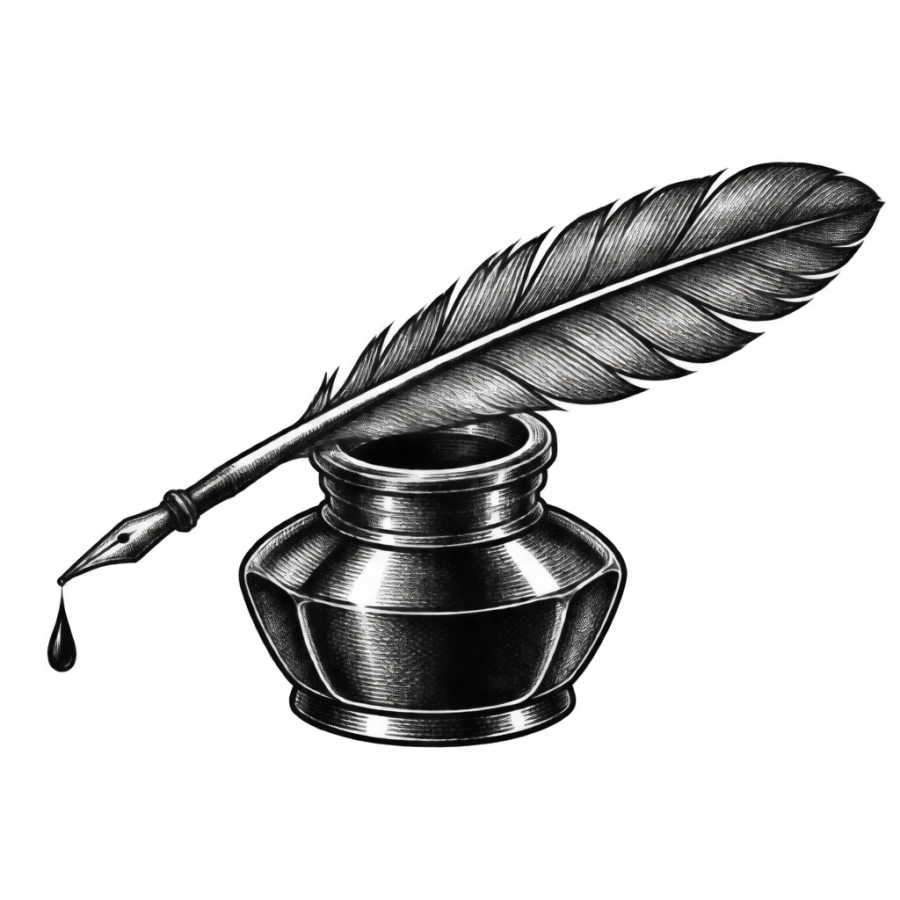 Engraving style tattoo of a quill pen feather and an inkwell