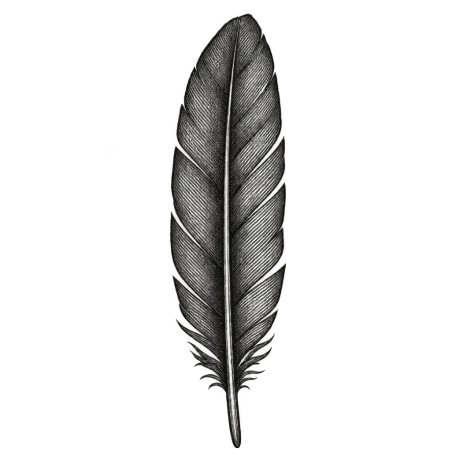 Engraved upright feather tattoo design with fine hatched vane detail
