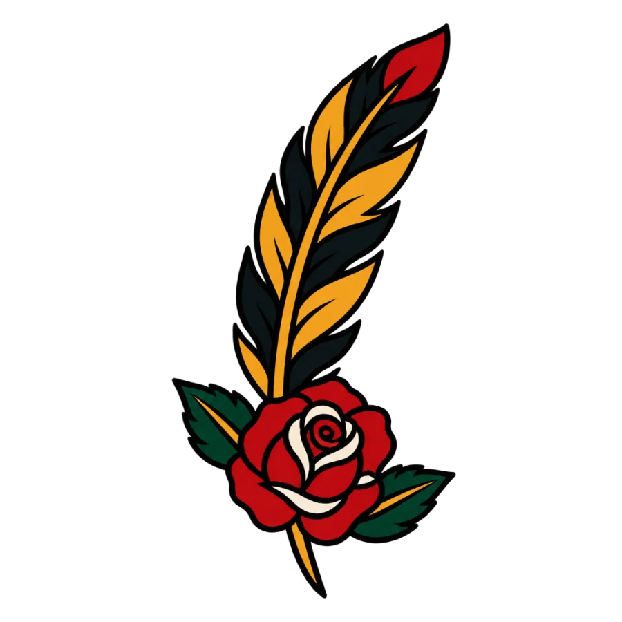 American traditional tattoo of a feather with a rose at the quill