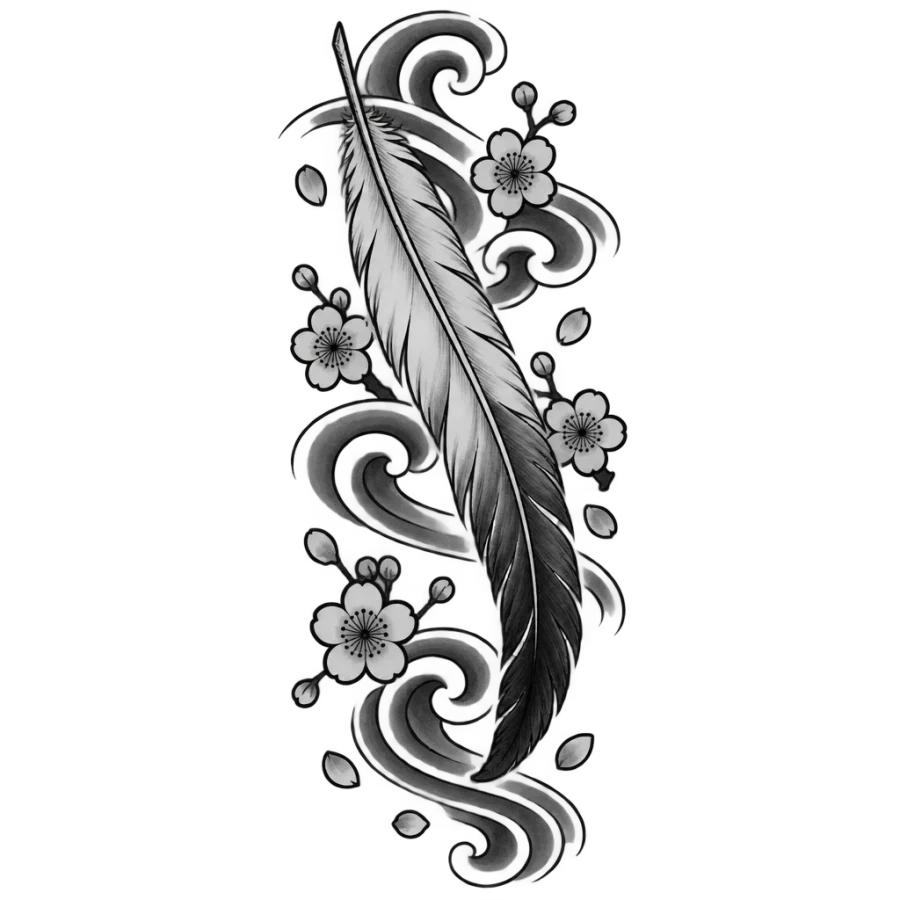 Japanese irezumi tattoo of a crane feather with wind bars and blossoms
