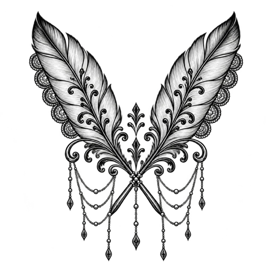 Ornamental filigree tattoo of two crossed feathers with pearl strands
