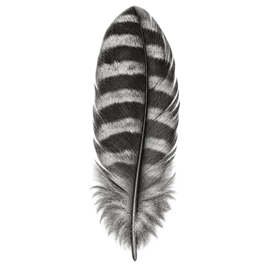 Black and grey realism tattoo of a barred owl feather close up