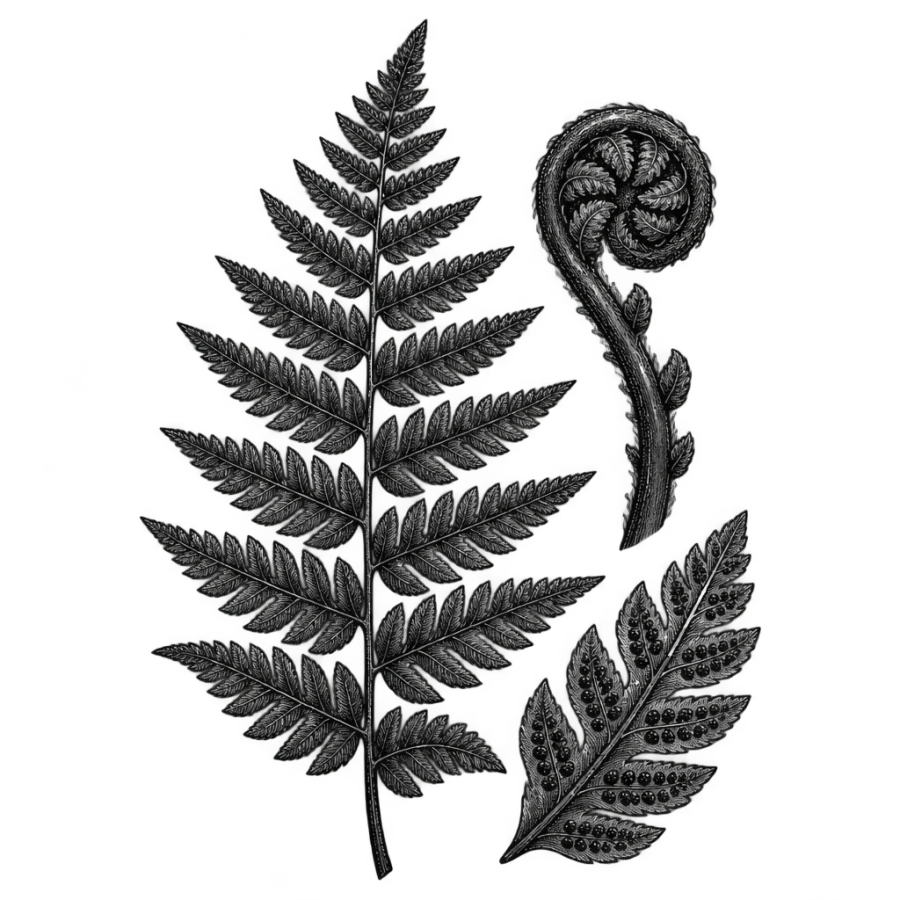 Woodcut engraving fern tattoo design as a botanical plate with spore detail