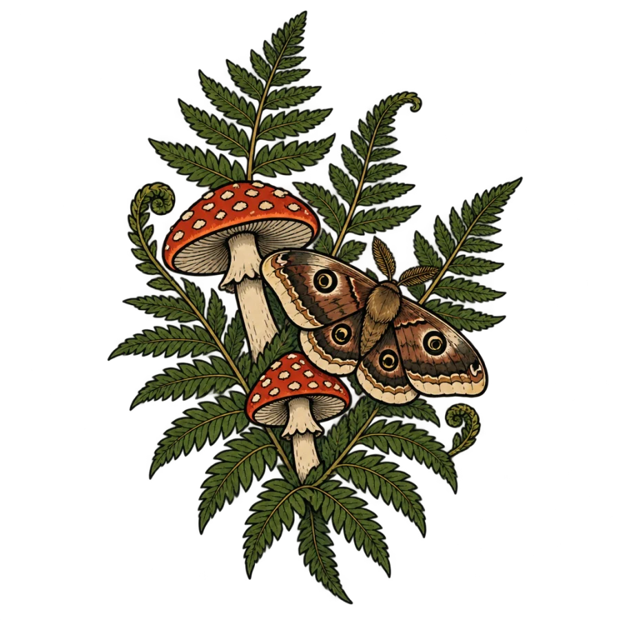 Neo traditional fern tattoo design with toadstools and a resting moth