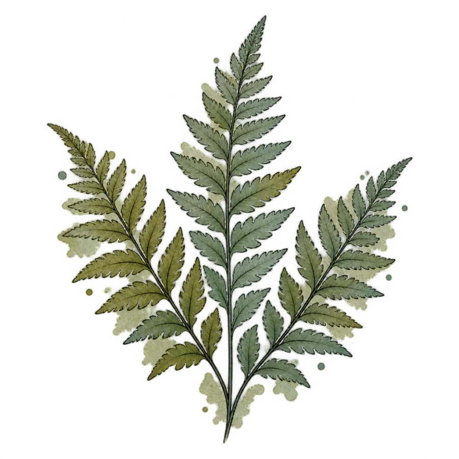 Watercolour fern tattoo design with three fronds in sage and olive washes