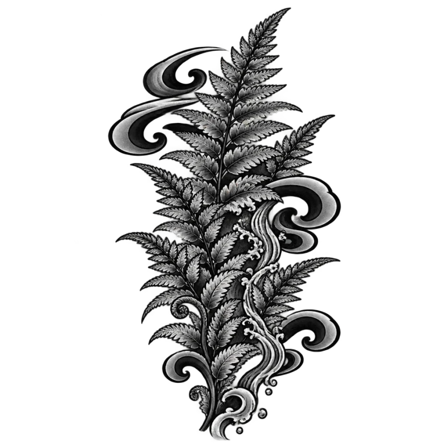 Japanese irezumi fern tattoo design with wind bars and trickling water