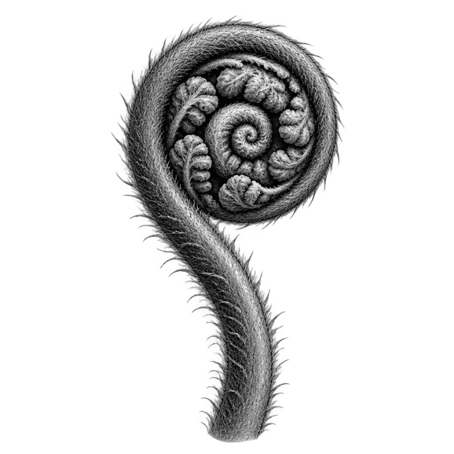 Black and grey realism tattoo design of a tightly coiled fern fiddlehead