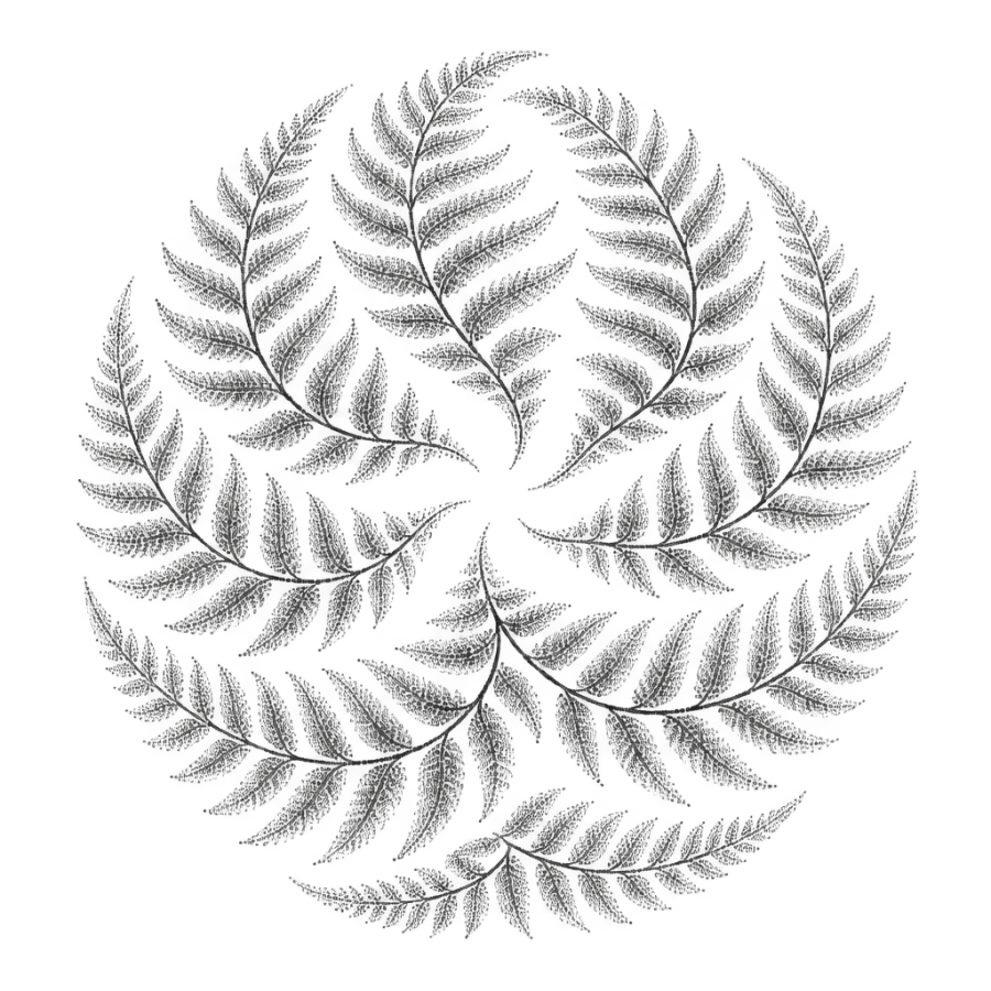 Dotwork fern tattoo design forming a round medallion without outlines