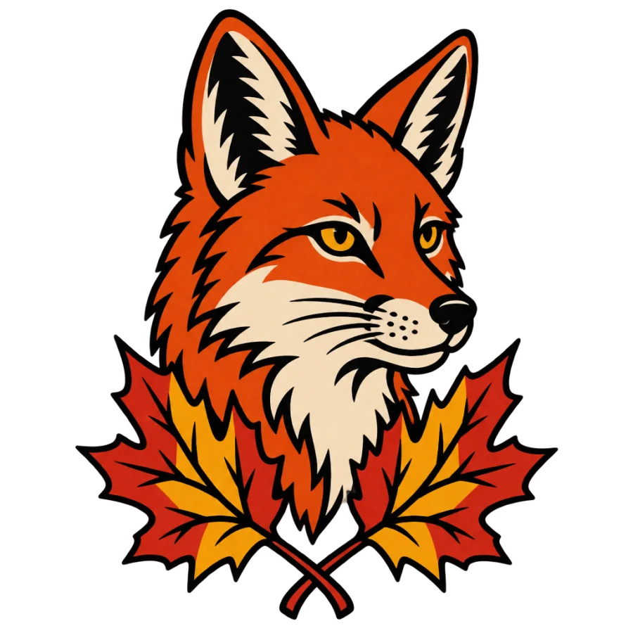 American traditional fox head tattoo with pricked ears and autumn maple leaves