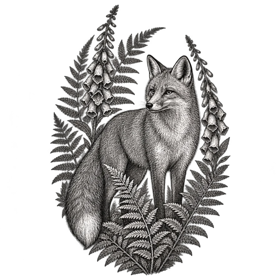 Woodcut engraving fox tattoo among ferns and foxglove in an oval vignette