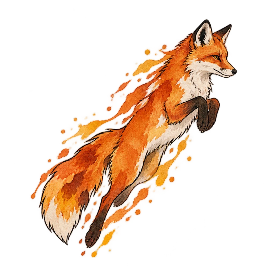 Watercolour fox tattoo leaping with rust orange and amber washes