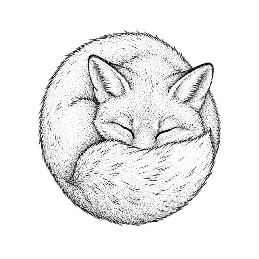 Fine line fox tattoo curled asleep with its brush tail across its nose