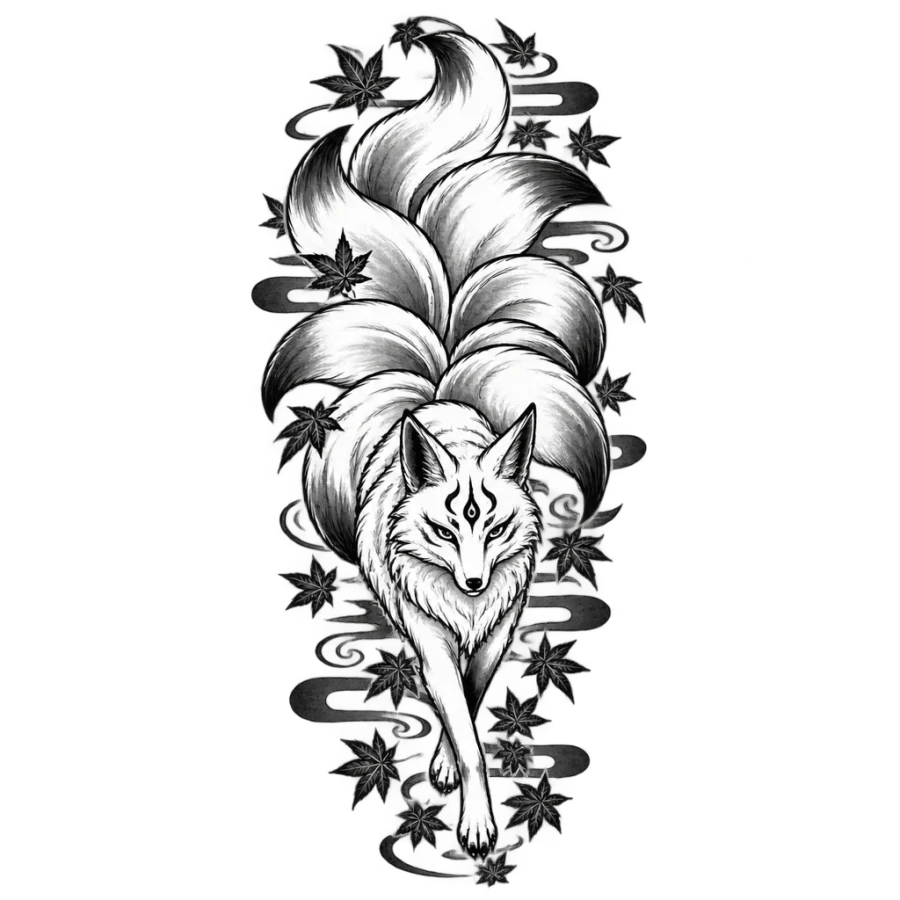 Japanese irezumi kitsune fox tattoo with maple leaves and wind bars