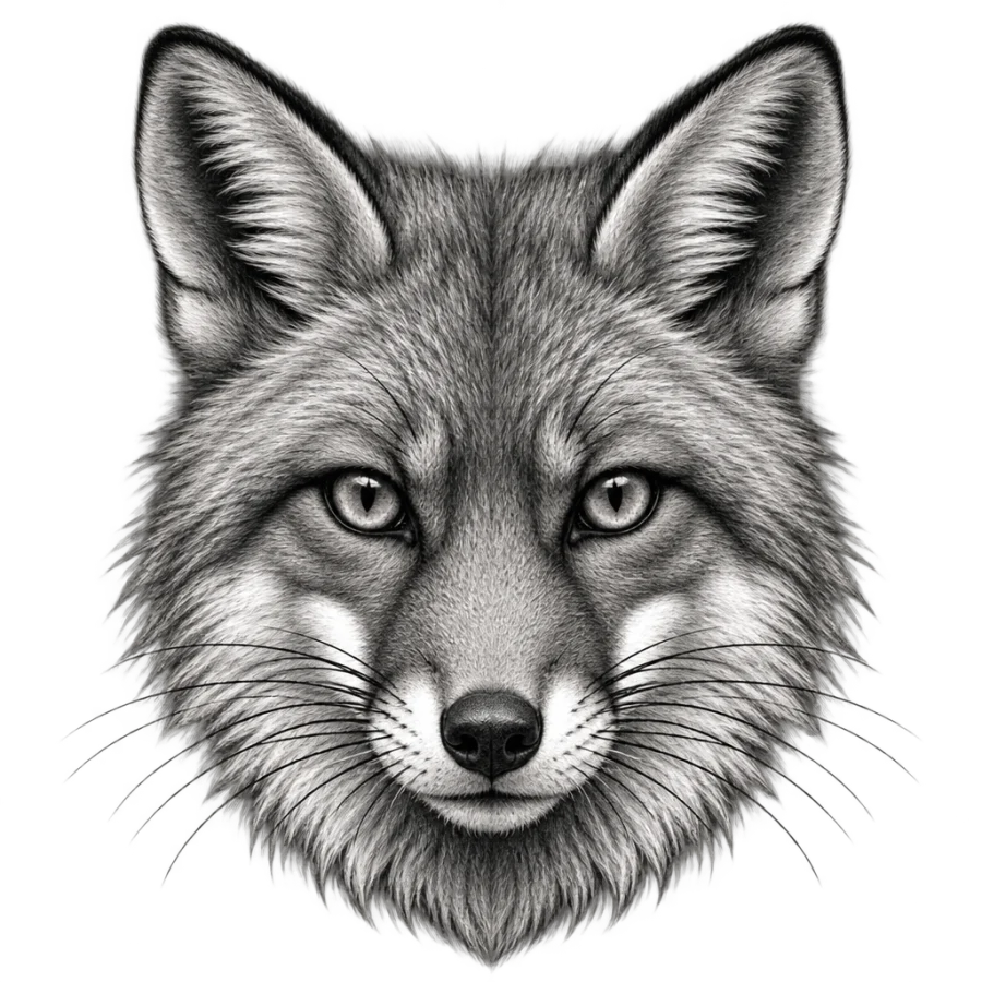 Black and grey realism fox face tattoo front on with detailed whiskers
