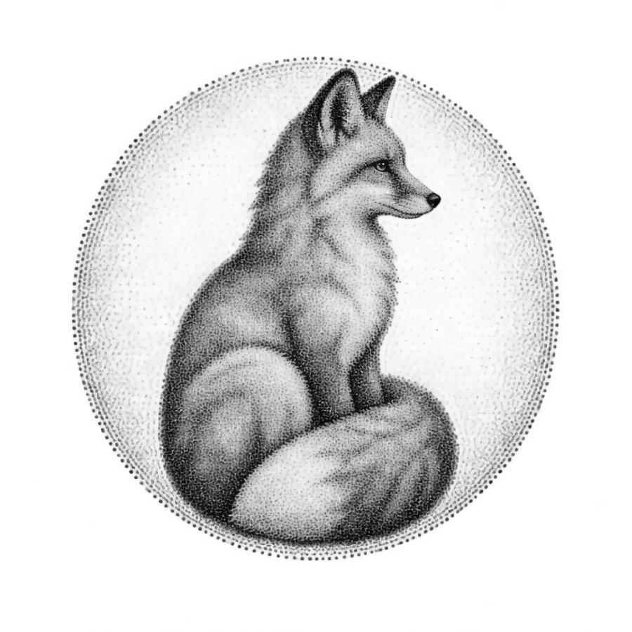 Dotwork stippled fox tattoo sitting at rest inside a round medallion