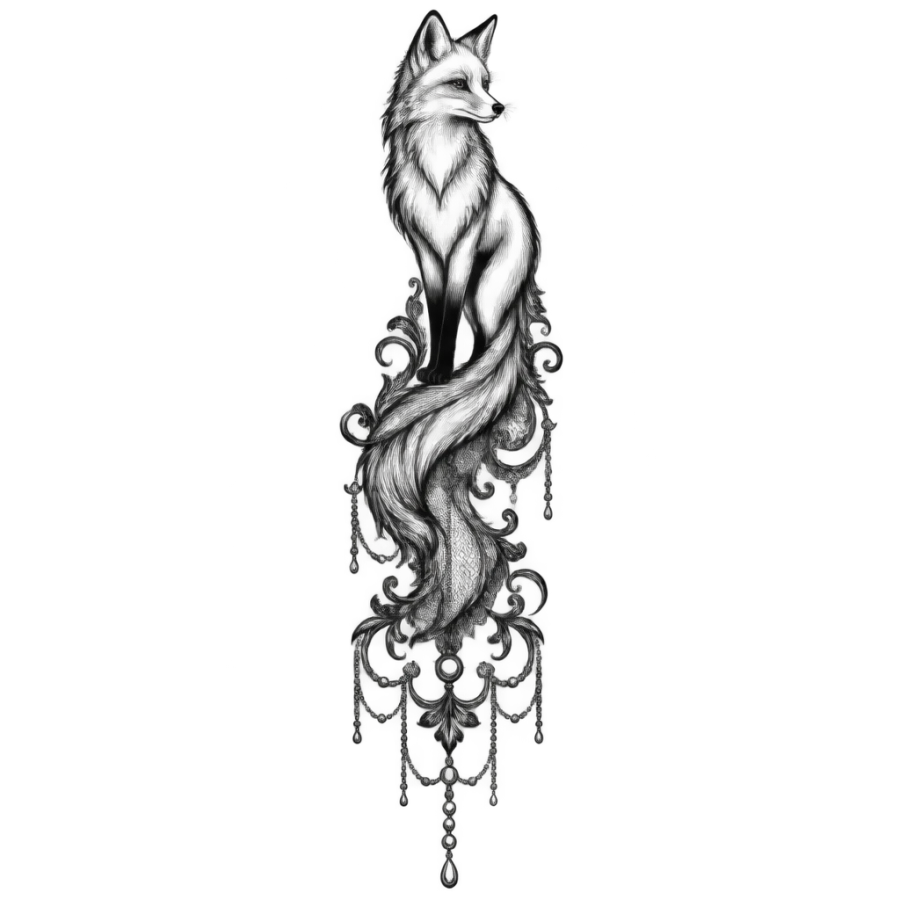 Ornamental filigree fox tattoo with a lace scrollwork tail and pearls