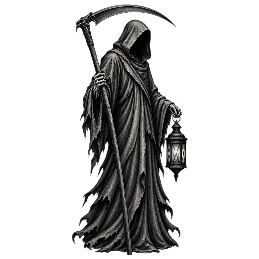 Black and grey realism grim reaper tattoo with scythe and lantern