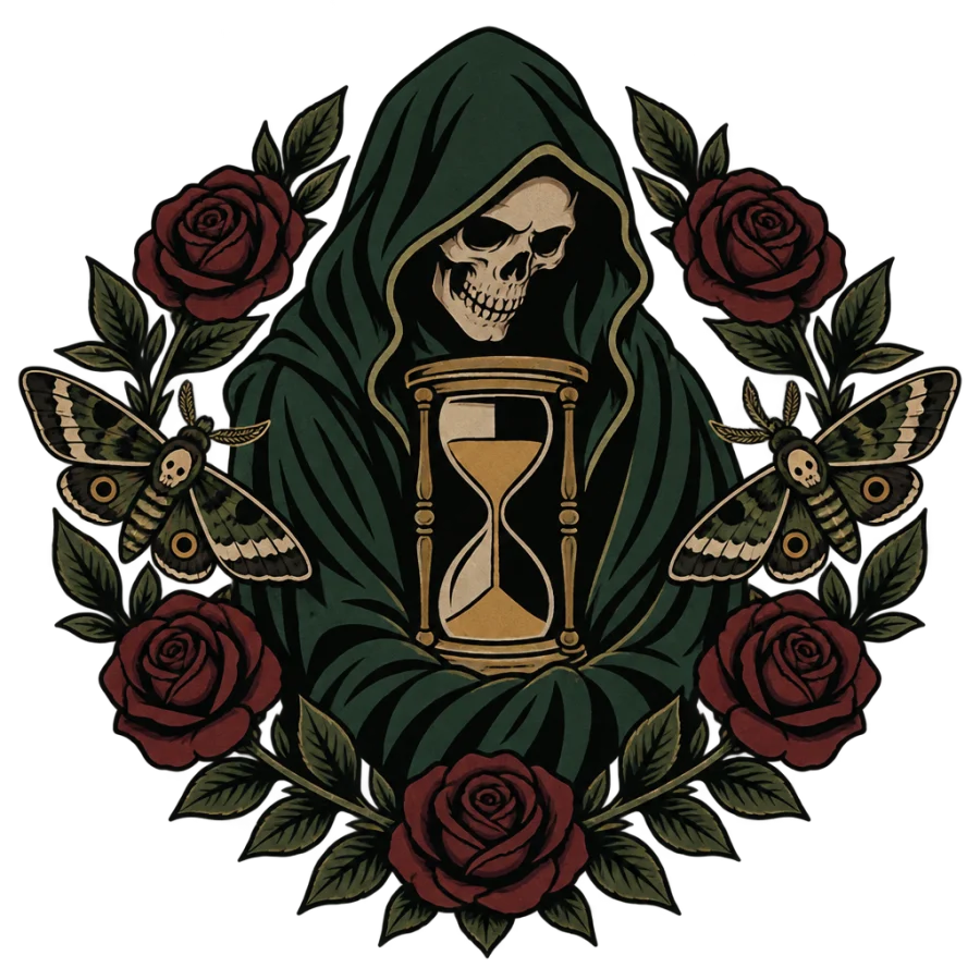 Neo traditional reaper tattoo holding an hourglass in a rose wreath