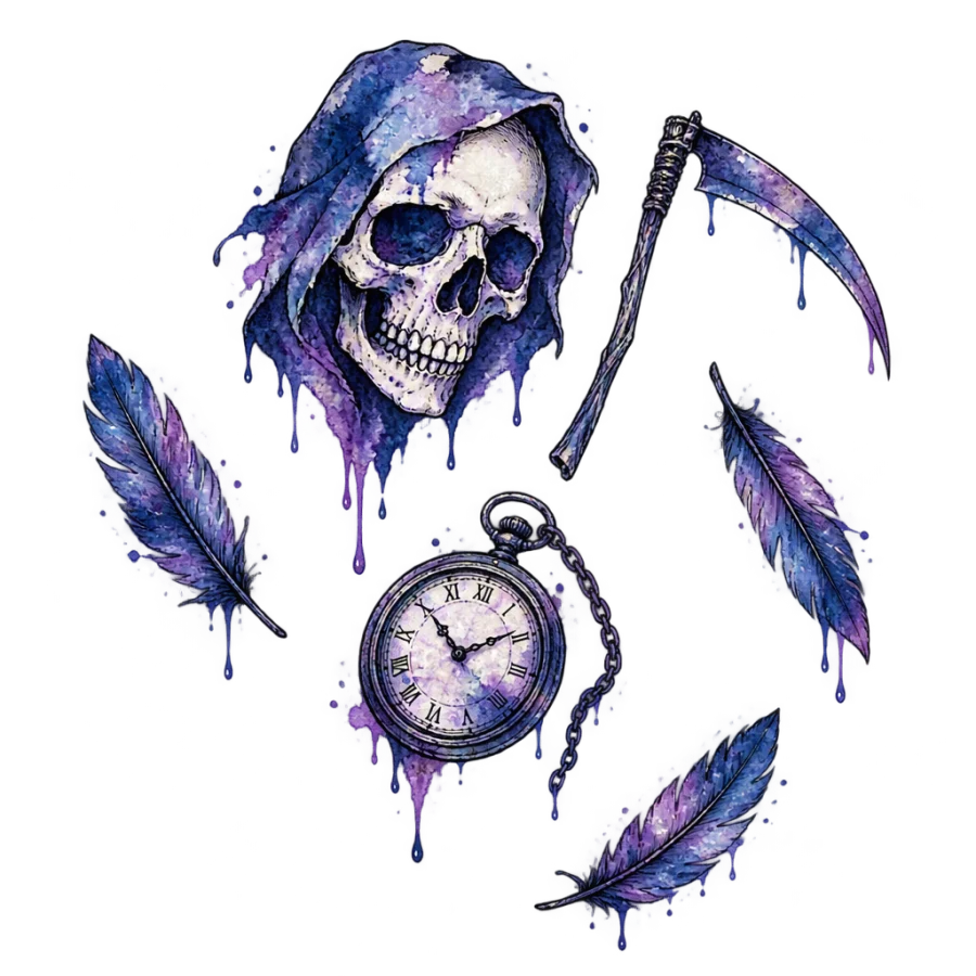 Watercolor reaper tattoo cluster with skull, scythe, watch and feathers